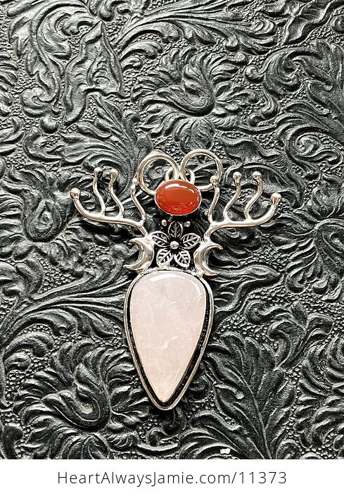 Witchy Wiccan Fairy Themed Rose Quartz and Carnelian Flower Crescent Moon and Antler Crystal Stone Jewelry Pendant Charm - #wI9pbaNjxag-5