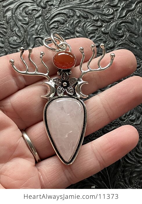 Witchy Wiccan Fairy Themed Rose Quartz and Carnelian Flower Crescent Moon and Antler Crystal Stone Jewelry Pendant Charm - #wI9pbaNjxag-1