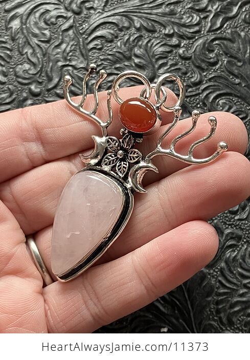 Witchy Wiccan Fairy Themed Rose Quartz and Carnelian Flower Crescent Moon and Antler Crystal Stone Jewelry Pendant Charm - #wI9pbaNjxag-3