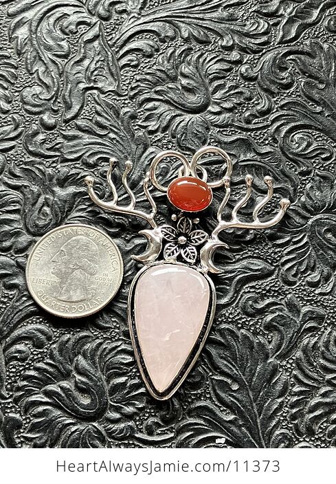 Witchy Wiccan Fairy Themed Rose Quartz and Carnelian Flower Crescent Moon and Antler Crystal Stone Jewelry Pendant Charm - #wI9pbaNjxag-6