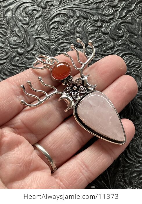 Witchy Wiccan Fairy Themed Rose Quartz and Carnelian Flower Crescent Moon and Antler Crystal Stone Jewelry Pendant Charm - #wI9pbaNjxag-2