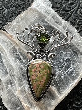 Witchy Wiccan Fairy Themed Unakite and Peridot Flower Crescent Moon and Antler Crystal Stone Jewelry Pendant Charm #eu5cliPBhJk