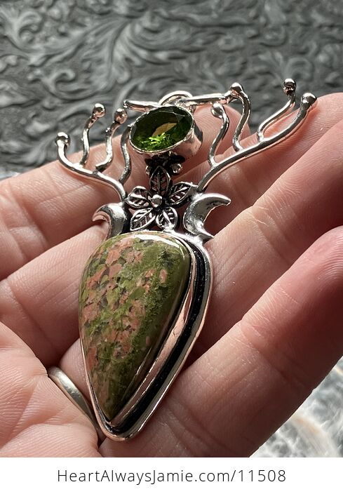 Witchy Wiccan Fairy Themed Unakite and Peridot Flower Crescent Moon and Antler Crystal Stone Jewelry Pendant Charm - #eu5cliPBhJk-4