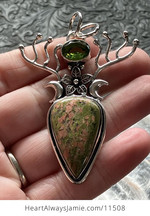 Witchy Wiccan Fairy Themed Unakite and Peridot Flower Crescent Moon and Antler Crystal Stone Jewelry Pendant Charm - #eu5cliPBhJk-2
