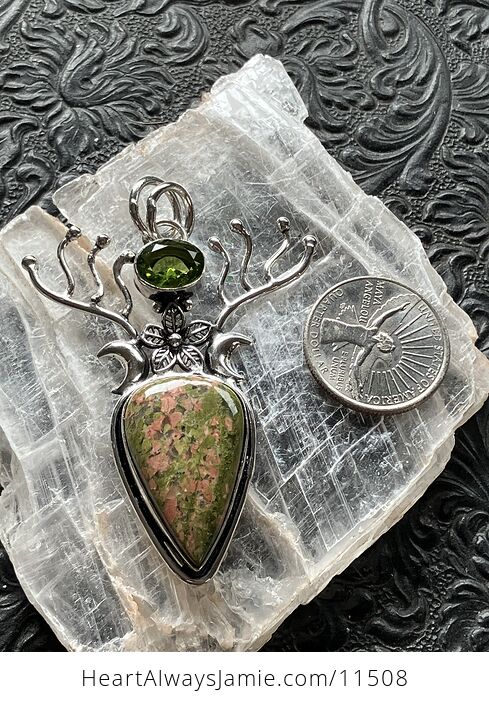 Witchy Wiccan Fairy Themed Unakite and Peridot Flower Crescent Moon and Antler Crystal Stone Jewelry Pendant Charm - #eu5cliPBhJk-6