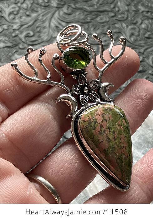 Witchy Wiccan Fairy Themed Unakite and Peridot Flower Crescent Moon and Antler Crystal Stone Jewelry Pendant Charm - #eu5cliPBhJk-3