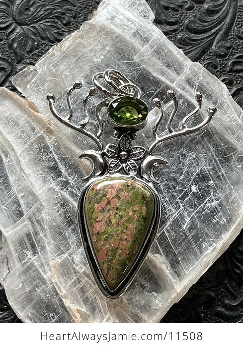 Witchy Wiccan Fairy Themed Unakite and Peridot Flower Crescent Moon and Antler Crystal Stone Jewelry Pendant Charm - #eu5cliPBhJk-1
