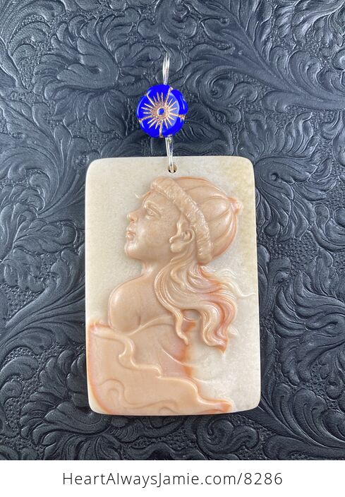 Woman or Girl in a Beanie with Long Hair Jasper Pendant Stone Jewelry Mini Art Ornament - #VwP1UvtcrMI-2
