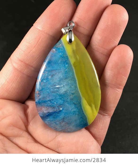 Yellow and Blue Druzy Agate Stone Pendant - #GabQi3FJeNs-1