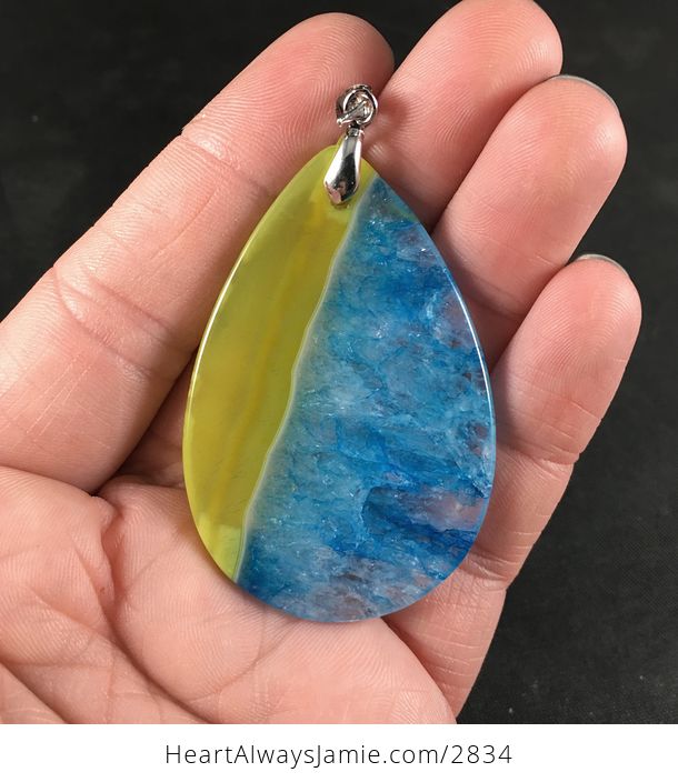 Yellow and Blue Druzy Agate Stone Pendant Necklace - #GabQi3FJeNs-2
