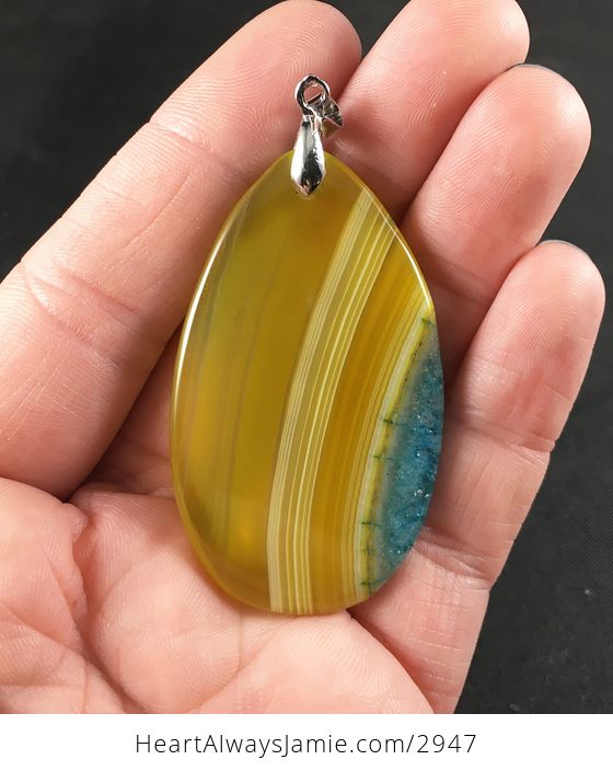 Yellow and Blue Druzy Agate Stone Pendant Necklace - #bJHcYj4V8XU-2