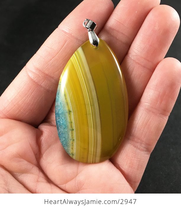 Yellow and Blue Druzy Agate Stone Pendant Necklace - #bJHcYj4V8XU-1