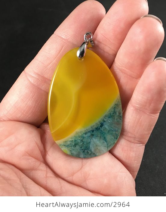 Yellow and Blue Druzy Agate Stone Pendant Necklace - #kSFOY76vAaI-2