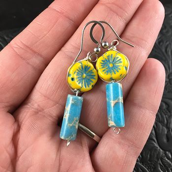 Yellow and Blue Glass Hawaiian Flower and Blue Sea Sediment Jasper Earrings with Silver Wire #sXH2ceoe7hc