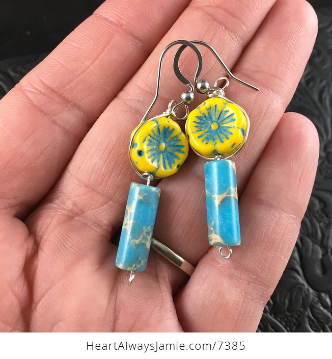 Yellow and Blue Glass Hawaiian Flower and Blue Sea Sediment Jasper Earrings with Silver Wire - #sXH2ceoe7hc-1