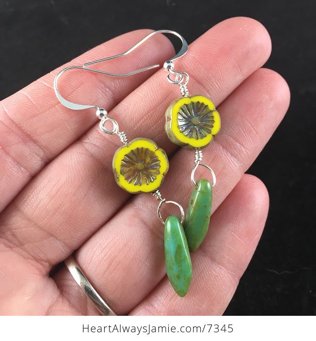 Yellow and Brown Glass Hawaiian Flower and Green Blue Turquoise Picasso Dagger Earrings with Silver Wire - #dnMyH4mf7cU-1