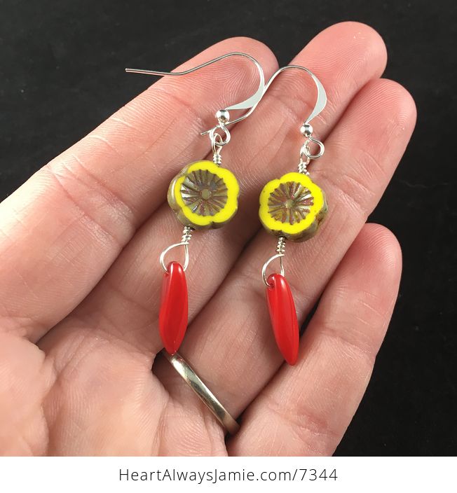Yellow and Brown Glass Hawaiian Flower and Two Towned Red Dagger Earrings with Silver Wire - #Yuy9BvfgEJc-1