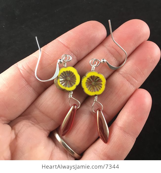 Yellow and Brown Glass Hawaiian Flower and Two Towned Red Dagger Earrings with Silver Wire - #Yuy9BvfgEJc-2