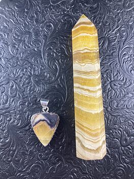 Yellow and Purple Fluorite Crystal Stone Jewelry Pendant and Tower Gift Set #HCvzhUUIz0Q