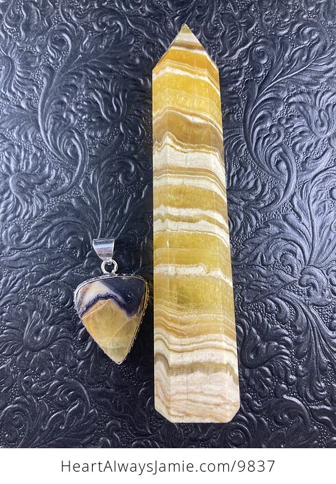 Yellow and Purple Fluorite Crystal Stone Jewelry Pendant and Tower Gift Set - #HCvzhUUIz0Q-9