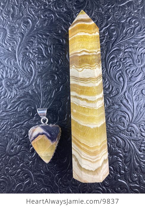 Yellow and Purple Fluorite Crystal Stone Jewelry Pendant and Tower Gift Set - #HCvzhUUIz0Q-6