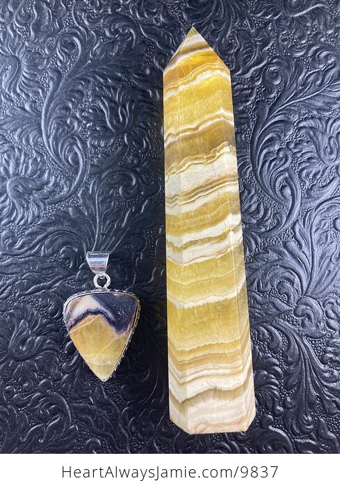 Yellow and Purple Fluorite Crystal Stone Jewelry Pendant and Tower Gift Set - #HCvzhUUIz0Q-7