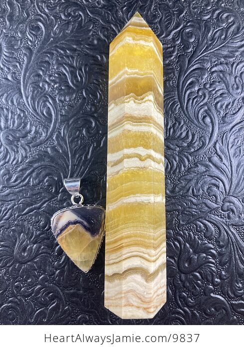 Yellow and Purple Fluorite Crystal Stone Jewelry Pendant and Tower Gift Set - #HCvzhUUIz0Q-8