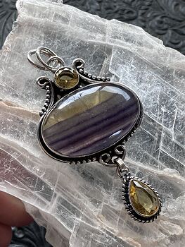Yellow and Purple Rainbow Fluorite and Citrine Crystal Stone Jewelry Pendant #ZFlps21vBjA