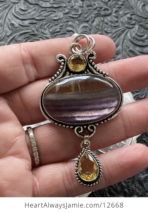 Yellow and Purple Rainbow Fluorite and Citrine Crystal Stone Jewelry Pendant - #ZFlps21vBjA-2