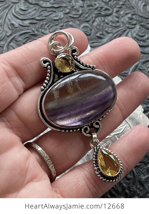 Yellow and Purple Rainbow Fluorite and Citrine Crystal Stone Jewelry Pendant - #ZFlps21vBjA-3