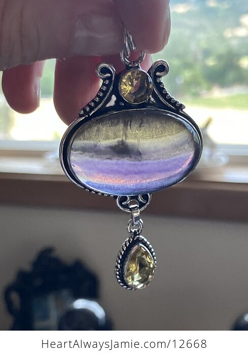 Yellow and Purple Rainbow Fluorite and Citrine Crystal Stone Jewelry Pendant - #ZFlps21vBjA-7