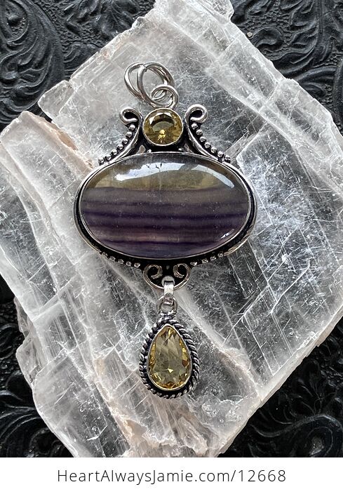 Yellow and Purple Rainbow Fluorite and Citrine Crystal Stone Jewelry Pendant - #ZFlps21vBjA-6