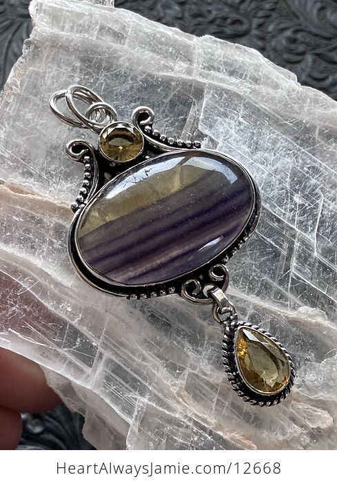 Yellow and Purple Rainbow Fluorite and Citrine Crystal Stone Jewelry Pendant - #ZFlps21vBjA-1