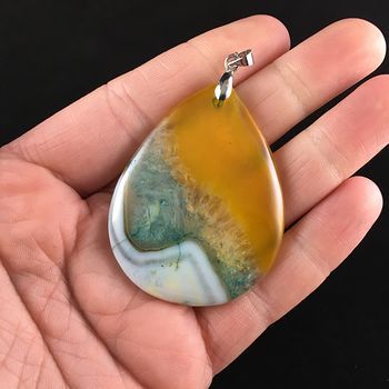 Yellow Blue and White Drusy Agate Stone Jewelry Pendant #7DFSvvP5pY0