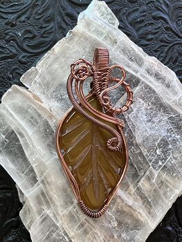 Yellow Chalcedony Stone Carved Leaf Wire Wrapped Pendant #VeDwbCkQsUo