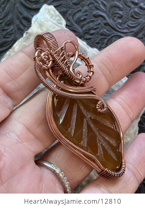 Yellow Chalcedony Stone Carved Leaf Wire Wrapped Pendant - #VeDwbCkQsUo-3