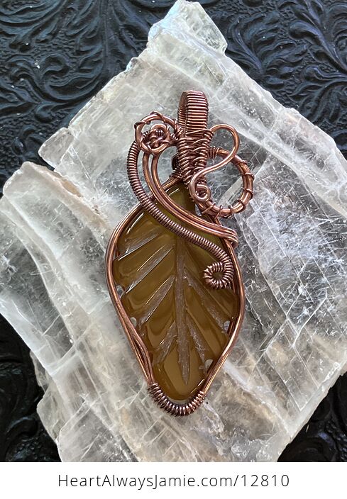 Yellow Chalcedony Stone Carved Leaf Wire Wrapped Pendant - #VeDwbCkQsUo-1