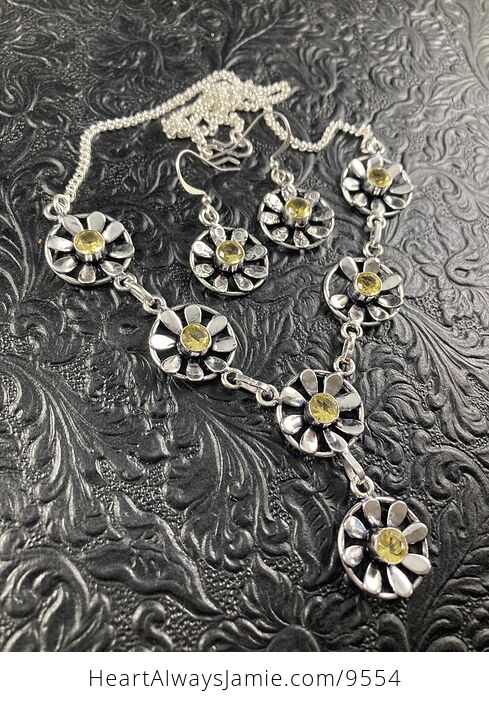 Yellow Crystal and Flower Link Necklace and Earring Jewelry Set - #vwz1VpnbOxM-2