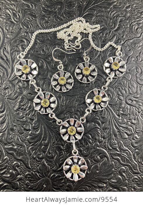 Yellow Crystal and Flower Link Necklace and Earring Jewelry Set - #vwz1VpnbOxM-1