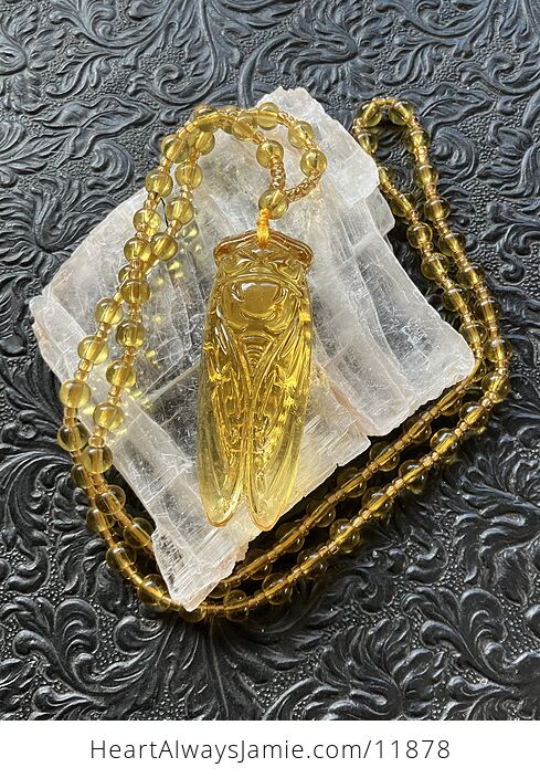 Yellow Glass Cicada Pendant Necklace with Yellow Beads - #QHsZxWAVLLw-1