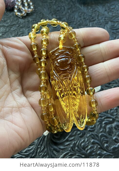 Yellow Glass Cicada Pendant Necklace with Yellow Beads - #QHsZxWAVLLw-6