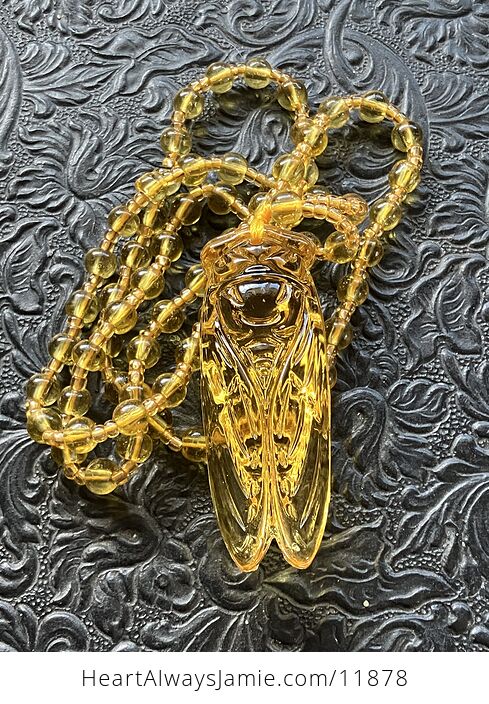 Yellow Glass Cicada Pendant Necklace with Yellow Beads - #QHsZxWAVLLw-7