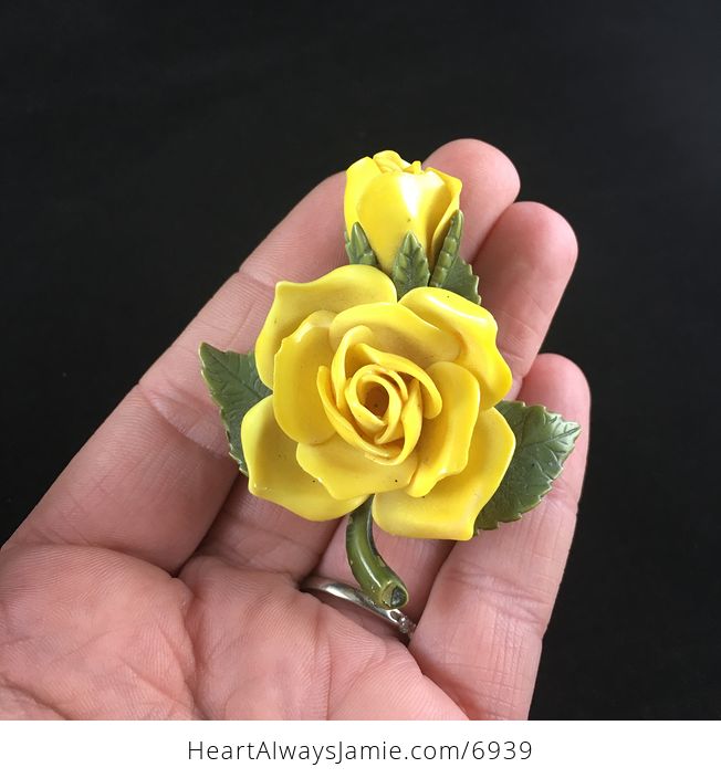 Yellow Rose and Bud Flower Jewelry Brooch - #HVVtYiBxhBY-1